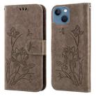 For iPhone 14 Plus Lotus Embossed Leather Phone Case (Grey) - 1