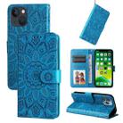 For iPhone 13 mini Embossed Sunflower Leather Phone Case (Blue) - 1
