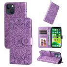For iPhone 13 Embossed Sunflower Leather Phone Case(Purple) - 1