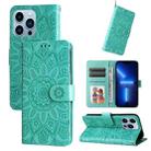 For iPhone 13 Pro Embossed Sunflower Leather Phone Case (Green) - 1