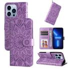 For iPhone 13 Pro Embossed Sunflower Leather Phone Case (Purple) - 1