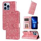 For iPhone 13 Pro Max Embossed Sunflower Leather Phone Case (Pink) - 1