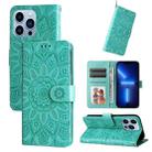 For iPhone 13 Pro Max Embossed Sunflower Leather Phone Case (Green) - 1