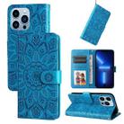 For iPhone 13 Pro Max Embossed Sunflower Leather Phone Case (Blue) - 1