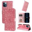 For iPhone 12 / 12 Pro Embossed Sunflower Leather Phone Case(Pink) - 1