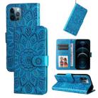 For iPhone 12 / 12 Pro Embossed Sunflower Leather Phone Case(Blue) - 1