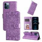 For iPhone 12 / 12 Pro Embossed Sunflower Leather Phone Case(Purple) - 1