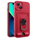 For iPhone 14 Ring Kickstand Card Wallet TPU Phone Case (Red) - 1