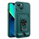 For iPhone 14 Plus Ring Kickstand Card Wallet TPU Phone Case (Night Green) - 1