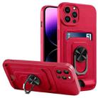 For iPhone 14 Pro Max Ring Kickstand Card Wallet TPU Phone Case (Red) - 1