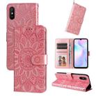 For Xiaomi Redmi 9A Embossed Sunflower Leather Phone Case(Pink) - 1