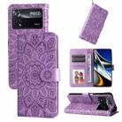 For Xiaomi Poco X4 Pro 5G Embossed Sunflower Leather Phone Case(Purple) - 1