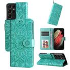 For Samsung Galaxy S21 Ultra 5G Embossed Sunflower Leather Phone Case(Green) - 1