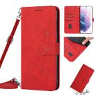 For Samsung Galaxy S21+ Skin Feel Heart Pattern Leather Phone Case With Lanyard(Red) - 1