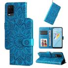 For OPPO A54 4G / A16 / A16s / A55 4G Embossed Sunflower Leather Phone Case(Blue) - 1