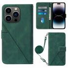 For iPhone 14 Pro Crossbody 3D Embossed Flip Leather Phone Case(Dark Green) - 1