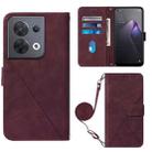 For OPPO Reno8 Crossbody 3D Embossed Flip Leather Phone Case(Wine Red) - 1