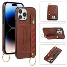 For iPhone 14 Pro Max Wristband Wallet Leather Phone Case (Brown) - 1