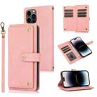 For iPhone 14 Pro Lanyard Leather Phone Case(Pink) - 1