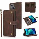 For iPhone 14 Plus Lanyard Leather Phone Case (Brown) - 1