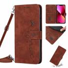 For iPhone 14 Skin Feel Heart Pattern Leather Phone Case With Lanyard (Brown) - 1