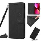 For iPhone 14 Skin Feel Heart Pattern Leather Phone Case With Lanyard (Black) - 1