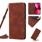 For iPhone 14 Plus Skin Feel Heart Pattern Leather Phone Case With Lanyard (Brown) - 1