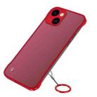 For iPhone 14 Plus Metal Lens Frosted Finger Ring Strap Phone Case (Red) - 1