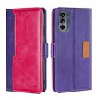 For Motorola Moto G62 5G Contrast Color Side Buckle Leather Phone Case(Purple+Rose Red) - 1