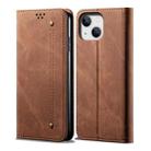 For iPhone 14 Denim Texture Casual Style Leather Phone Case (Brown) - 1