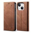 For iPhone 14 Plus Denim Texture Casual Style Leather Phone Case (Brown) - 1