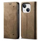 For iPhone 14 Plus Denim Texture Casual Style Leather Phone Case (Khaki) - 1