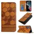 For Samsung Galaxy S22 Ultra 5G Football Texture Magnetic Leather Flip Phone Case(Khaki) - 1