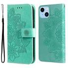 For iPhone 14 Plus 7-petal Flowers Embossing Leather Case (Green) - 1