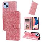 For iPhone 14 Embossed Sunflower Leather Phone Case (Pink) - 1