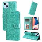 For iPhone 14 Embossed Sunflower Leather Phone Case (Green) - 1