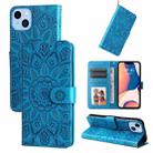 For iPhone 14 Plus Embossed Sunflower Leather Phone Case (Blue) - 1