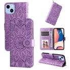 For iPhone 14 Plus Embossed Sunflower Leather Phone Case (Purple) - 1