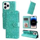 For iPhone 14 Pro Embossed Sunflower Leather Phone Case(Green) - 1