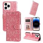 For iPhone 14 Pro Max Embossed Sunflower Leather Phone Case (Pink) - 1