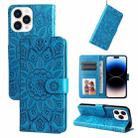 For iPhone 14 Pro Max Embossed Sunflower Leather Phone Case (Blue) - 1