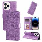 For iPhone 14 Pro Max Embossed Sunflower Leather Phone Case (Purple) - 1