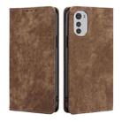 For Motorola Moto E32 4G RFID Anti-theft Brush Magnetic Leather Phone Case(Brown) - 1