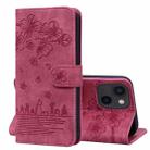 For iPhone 13 mini Cartoon Sakura Cat Embossed Leather Case (Wine Red) - 1