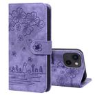 For iPhone 13 Cartoon Sakura Cat Embossed Leather Case(Purple) - 1