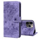 For iPhone 13 Pro Cartoon Sakura Cat Embossed Leather Case (Purple) - 1