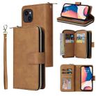 For iPhone 14 9 Card Slots Zipper Wallet Bag Leather Phone Case (Brown) - 1