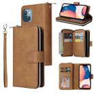 For iPhone 14 Plus 9 Card Slots Zipper Wallet Bag Leather Phone Case (Brown) - 1