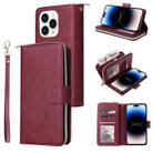 For iPhone 14 Pro 9 Card Slots Zipper Wallet Bag Leather Phone Case(Wine Red) - 1