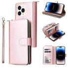 For iPhone 14 Pro Max 9 Card Slots Zipper Wallet Bag Leather Phone Case (Rose Gold) - 1